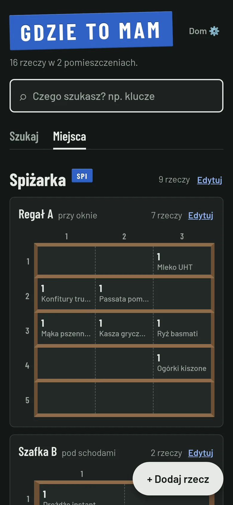 Zakładka Miejsca w ciemnym motywie.